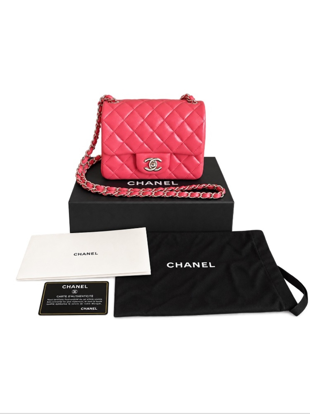 CHANEL Hot Pink Quilted Leather Mini Crossbody with Chain Strap